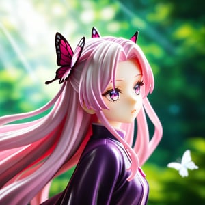 anime, anime style, niji6 style, by nijijourney, anime, anime style, niji6 style, by nijijourney, red theme, anime, anime style, niji6 style, by nijijourney, 1girl, solo, hair ornament, twintails, demon slayer uniform, butterfly hair ornament, butterfly, bug, blurry, japanese clothes, blurry background, portrait, pink eyes, parted lips, from side, white hair, red hair, haori, eyelashes, looking up, upper body, white butterfly, parted bangs, jacket, depth of field, nature, outdoors, sidelocks, purple butterfly, forest, red eyes, floating hair, expressionless, hair intakes, gradient hair, pink hair, purple eyes, very long hair, multicolored hair, sunlight, animification, anime coloring, fake screenshot, screencap, anime screencap, twilight, detailed eyes, ambient light, thick eyelashes, diamond, dark night, dark deep, sparkling, masterpiece, best quality, highres, 4k, 8k, intricate detail, cinematic lighting, amazing quality, amazing shading, film grain, blurry foreground, vignetting chiaroscuro, chromatic aberration, backlighting, global illumination, drop shadow, detailed illustration, anime style, wallpaper, animification, anime coloring, fake screenshot, screencap, anime screencap, score_9_up, score_8_up,score_7_up,3D,PVC Style