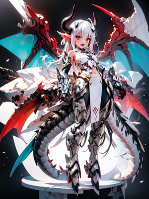 solo, red eyes, 1boy, male focus, wings, horns, teeth, armor, glowing, sharp teeth, black background, glowing eyes, claws, monster,masterpiece,best quality,mecha musume,dragon ear