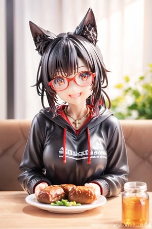 //quality, masterpiece:1.4, detailed:1.4, ,best quality:1.4, //, 1girl, cute,solo,Tekeli,//,black fox ears,animal ear fluff,black fox tail,sidelocks,black hair,red inner hair,short ponytail,red eyes,//, fashion,red_glasses,cross_necklace, hoodies,hood down,//,blush,happy,smile, drooling,:D,(straight-on), looking down, sitting,//,ink paint, bright lights and colors, indoor, restaurant,beef steak, dishes of beef steak,detailed beef steak,pov beef steak,score_9,score_8_up,score_7_up,3D