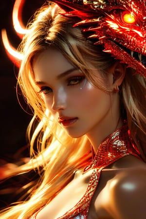 Golden light casts an intimate glow on the woman's piercing gaze, as wispy strands of blond hair dance across her forehead. The delicate threads of her gilded gown seem to be woven into the very fabric of her eye, mirroring the mesmerizing scales of a majestic ruby dragon that appears to be emerging from the shadows.,vibrant_colors,high_resolution,3D,PVC