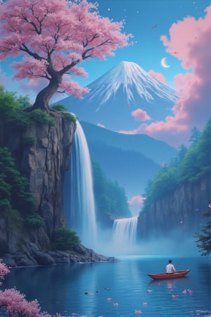 T_shirt,Design(style of Glass effect of a rocky mountainside with a japanese tree of life, Fuji mount in the back in day light, wide waterfall from the top, cherry blossoms, sakura trees, forest, crescent, japanese fantasy style, starry night, vaporwave art, fantasy style, fisherman fishing in a boat, colorful, bright colors art, aqua and aquamarine colors in style and anime pink aesthetics, birds, gradient colors, japanese landscape, brghit gradent, bright sun, cloudy sky, ship in the lake, reflection on water, vaporwave, vapor, spring season, lofi gradient color, vibrant colors, japanese day light anime, , 8k, leaves falling, in colorful colors, anime aesthetic, light blue, japan, pink aesthetic, aqua and aquamarine, vaporwave, japanese style, lofi, pastel,)