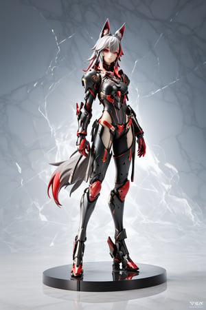 8k, masterpiece, solo, robotic body, wolf, red highlights, red eyes, wolf ears, snout, wolf tail, black sci-fi armor, fullbody, score_9_up, score_8_up,score_7_up,3D,PVC Style