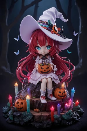 ink outline, fine detail rendered, colorful, horror style, 1girl, chibi, white witch, adorable, cute, kawaii, sitting on a stump, holding a haunted pumpkin with both hands, colorful candles lined up all around her, long red hair, smile, white witch's hat, white dress, boots, stunningly crafted jewelry, full body, deep forest, butterflies, fantastic, mysterious, most fashionable, most stylish, dark background, detailed background, every detail is rendered in superb detail, perfect composition, masterpiece, best quality, 8k, ultra-detailed, very clear, perfect anatomy, anatomically correct hands, beautiful face, beautiful eyes, detailed eyes, beautiful hair, detailed hair,Resin,a 3D rendering of a figurine 