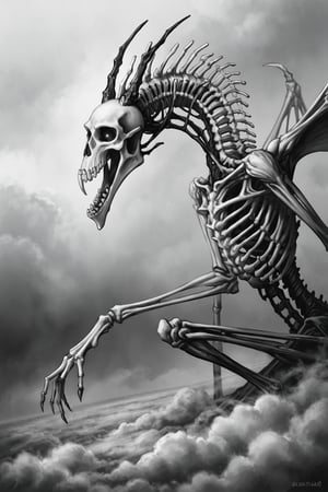 Giant Skeleton dragon,ribs,decay,flesh,wings,cloud,Dark ,Moody Atmosphere,