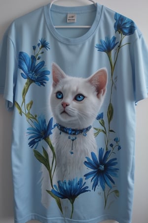 T_shirt,Design(White cat, blue glowing eyes, cute, masterpiece, blue flower)