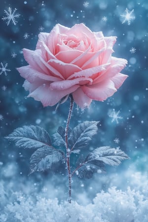 T_shirt,Design(A rose in the snow, with sparkling snowflakes)