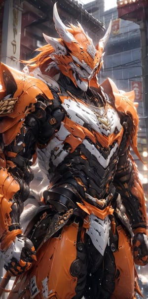 solo, long hair, looking at viewer, 1lion, animal ears, male focus, orange hair, armor, blurry, muscular, feet out of frame, scar, pectorals, muscular male, shoulder white armor, bara, pelvic curtain, furry, clenched hands, large pectorals, rain, furry male, tiger ears, lion boy, orange fur, mechanical arms,TR mecha style, (score_9, score_8_up, score_7_up, score_6_up), Dragon,SDXL