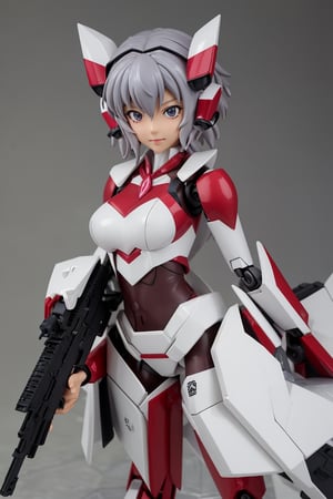 YukineChris,mechskirt, holding 2guns(gattling guns), multiple explosions in the background, close_up on face, More Detail,mecha musume,figma, score_9_up