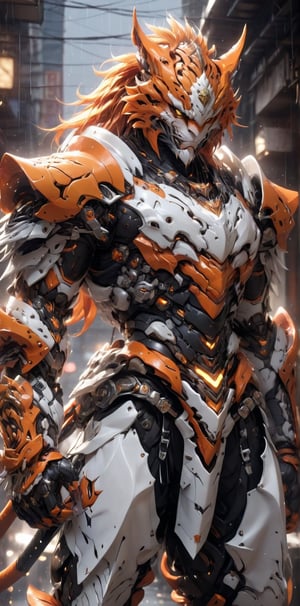 solo, long hair, looking at viewer, 1lion, animal ears, male focus, orange hair, armor, blurry, muscular, feet out of frame, scar, pectorals, muscular male, shoulder white armor, bara, pelvic curtain, furry, clenched hands, large pectorals, rain, furry male, tiger ears, lion boy, orange fur, mechanical arms, (3 swords),TR mecha style,score_9, score_8_up, score_7_up, score_6_up,Dragon