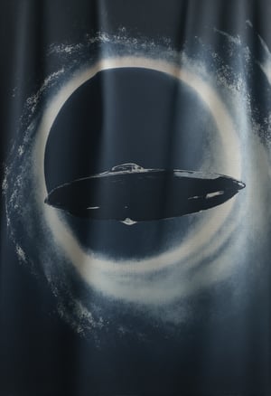 T_shirt,Design(ultrarealistic ufo starship fleet flying in realistic black hole vortex8k resolution,sharp focus, a big xeagonal ship)