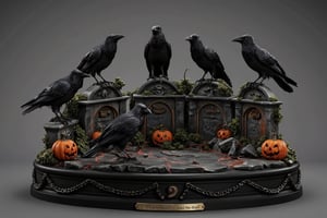  A super-realistic figure, multiple ravens sitting on cracked tombstones surrounded by jack-o'-lanterns. The scene takes place on a polished ebony base with a brass nameplate. The nameplate at the feet reads "Be careful not to wake the dead", made of Resin.,a 3D rendering of a figurine 