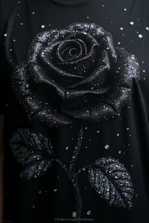 ,T_shirt,Design(Macro Photography, a rose made out of black diamonds, shining starlight, Extreme Detail, Professional Photography, fine art, water droplets on black diamonds rose petals)