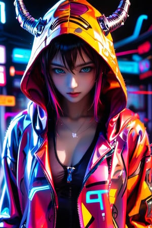 score_9_up, score_8_up,score_7_up,3D,upper_body,demon, facing_viewer,fully_clothed, score_9_up, score_7_up, PVC,anime,Anime Style.,vivid color,1girl,hooded_jacket,cybernetic,Ink art style