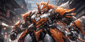 solo, long hair, looking at viewer, 5lions, animal ears, male focus, orange hair, multi_color armor, blurry, muscular, feet out of frame, scar, pectorals, muscular male, shoulder white armor, bara, pelvic curtain, furry, clenched hands, large pectorals, rain, furry male, tiger ears, lion boy, orange fur, mechanical arms,TR mecha style, (score_9, score_8_up, score_7_up, score_6_up), Dragon,SDXL
