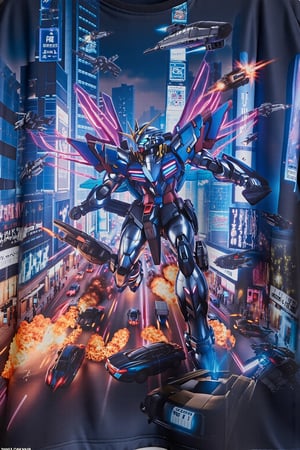 design(A dynamic close-up shot of a gundam warrior in action, his metallic body glistening under neon lights, clashing with enemies on the busy streets of a futuristic city. Exploding vehicles and fire create a chaotic scene. The backdrop features towering skyscrapers with holographic advertisements and flying vehicles whizzing by. The warrior's pose is aggressive, with his glowing energy weapon activated and wings of light emanating from the backpack on his back. The scene is lit with a combination of artificial and natural lighting, creating dramatic shadows.,a 3D rendering of a figurine ,T-shirt)