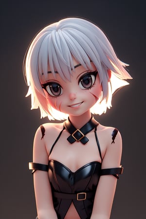 3D, pvc, render, jack_the_ripper, anime, smile, high lights, light aura, best quality, masterpiece, a very delicate and beautiful, (one little and cute girl at the center:1.2), (solo:1.3), outdoors, cheek_scar