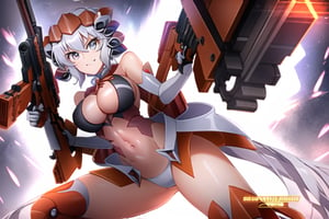 Close-up shot of YukineChris, her eyes locked intensely on the lens as she holds a futuristic-looking Gatling gun in each hand. The guns' rotating barrels spin rapidly, casting a metallic whirring sound against the darkened background. Her pose exudes confidence and authority, with one gun pointing directly at the camera while the other is cocked and ready to fire.