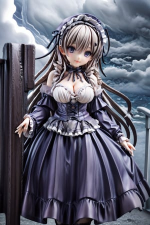 ((Gothic Lolita girl)), lighthouse, stormy seas, dramatic cliffs, swirling mist, haunting atmosphere,lodress, score_9_up, score_8_up, score_7_up,PVC