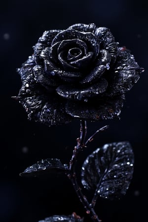 Macro Photography, a rose made out of black diamonds, shining starlight, Extreme Detail, Professional Photography, fine art, water droplets on black diamonds rose petals,resin,a 3D rendering of a figurine 