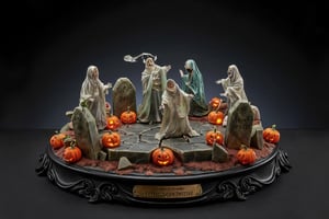  A super-realistic figure, multiple transparent spirits floating around multiple cracked tombstones surrounded by jack-o'-lanterns. The scene takes place on a polished ebony base with a brass nameplate. The nameplate at the feet reads "Did it get cold all of a sudden?", made of Resin.,a 3D rendering of a figurine 