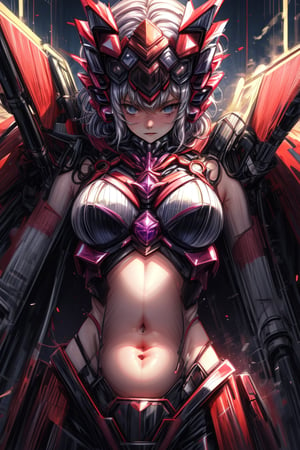 YukineChris,mechskirt, exposed_belly, multiple explosions in the background, close_up on face, More Detail,