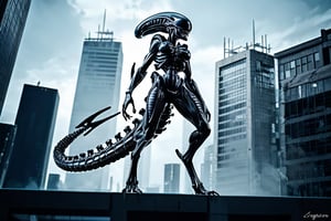 In a masterclass blend of dark fantasy and architectural grandeur, an Alien Xenomorph crouches precariously on the edge of a waterspout atop the iconic Empire State Building. The moody, H.R. Giger-inspired atmosphere is heightened by the approaching thunderstorm, with dynamic lighting casting deep shadows that seem to writhe like living tendrils. The Xenomorph's eyes gleam malevolently as it surveys the city below, poised to strike at any moment., score_9_up, score_8_up,score_7_up,3D,PVC Style