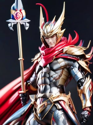 A dramatic close-up shot of a solo, anime-style male figure in full armor, donning a majestic red cape with a flowing plume. He holds a sturdy polearm in one hand and a shield emblazoned with his emblem in the other. His helmet is adorned with a gleaming crest, and his gaze is fixed intently on the viewer. The 3D PVC figure's dynamic pose exudes confidence and strength.,Anime Style.