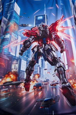 design(A dynamic close-up shot of a gundam warrior in action, his metallic body glistening under neon lights, clashing with enemies on the busy streets of a futuristic city. Exploding vehicles and fire create a chaotic scene. The backdrop features towering skyscrapers with holographic advertisements and flying vehicles whizzing by. The warrior's pose is aggressive, with his glowing energy weapon activated and wings of light emanating from the backpack on his back. The scene is lit with a combination of artificial and natural lighting, creating dramatic shadows.,a 3D rendering of a figurine ,T-shirt), looking from a distance