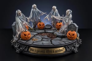  A super-realistic figure, multiple transparent spirits floating around multiple cracked tombstones surrounded by jack-o'-lanterns. The scene takes place on a polished ebony base with a brass nameplate. The nameplate at the feet reads "Did it get cold all of a sudden?", made of Resin.,a 3D rendering of a figurine 