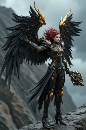 full_body, a young beautiful girl wear a VALKYRIE archangel armored suit, standing cofidently on top of mountain cliff, her (((large, intricately high-tech mecha feathered metal wings))) spread wide as if shielding the viewer from the turbulent weather. The archangel's armor glints with an oil-painted sheen, its intricate details and folds expertly rendered in shades of metallic black carbon fibre and gold steel. (((holding a huge black and gold intricate magic wand))). Her piercing gaze, dark red hair, seems to defy the raging storm, as if calling forth a mighty reckoning.hyperrealism, realistic portrait, photography, true color, subtle lighting, cinematography, Canon EOS R5, RF 85mm, ISO 300, vibrant color, more real realistic, volumetric clear intricate hyper details, volumetric clear texture, clear HD background, ultra HD realistic resolution, realistic shadow, epic fantasy character art, movie still, dramatic shadow, analogue diffusion style, CGSociety, Unreal Engine, Blender rendering, game cinematic, no smoke, mist, or fog, remove blur and noise, Angelic Knight,a 3D rendering of a figurine 