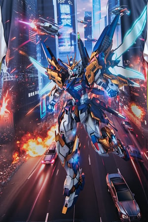 design(A dynamic close-up shot of a gundam warrior in action, his metallic body glistening under neon lights, clashing with enemies on the busy streets of a futuristic city. Exploding vehicles and fire create a chaotic scene. The backdrop features towering skyscrapers with holographic advertisements and flying vehicles whizzing by. The warrior's pose is aggressive, with his glowing energy weapon activated and wings of light emanating from the backpack on his back. The scene is lit with a combination of artificial and natural lighting, creating dramatic shadows.,a 3D rendering of a figurine ,T-shirt), looking from a distance