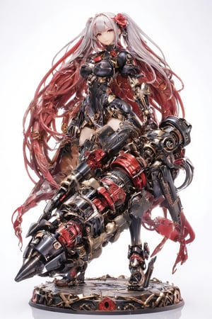 1girl,Anime-style illustration of a fierce young woman, wielding an enormous gatling gun, Character: dual-colored hair, (white and gold twintails), red flower accessories,Outfit: black and red dress with goth-inspired details, thigh-high boots. Expression: determined, slightly cocky smile,Pose: dynamic, holding massive weapon, body turned slightly,
Gatling gun: oversized, futuristic design. Black metal body with red accents and glowing parts. Multiple rotating barrels, complex mechanical details. Gun larger than the character herself,
Color scheme: primarily black and red with white accents,Style: highly detailed anime art, clean lines, emphasis on mechanical designs. Background: plain white, focus entirely on character and weapon.
Additional details: red ribbon-like elements flowing from dress and gun, intricate patterns on clothing and weapon, slight metallic sheen on gun parts. Overall impression: powerful, stylish fusion of traditional Asian aesthetics with futuristic weaponry.,Anime Style,fantasy girl,\mechako\,Resin,a 3D rendering of a figurine 