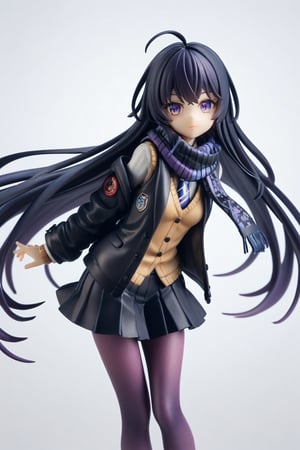 score_9,score_8_up,score_7_up,ClrSkt, 1girl, absurdly long hair, ahoge, black hair, black jacket, black scarf, black skirt, jacket, leaning forward, long hair, long scarf, looking at viewer, open clothes, open jacket, pantyhose, pleated skirt, purple eyes, purple pantyhose, scarf, school uniform, skirt, solo, very long hair, vest,3D,PVC Style