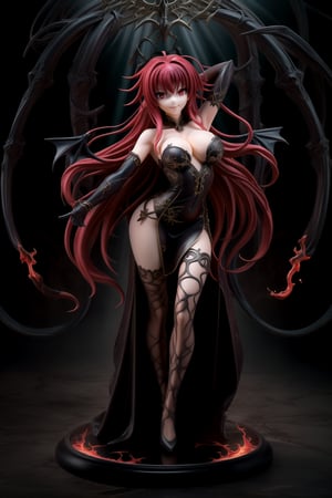 (best quality), (highly detailed), masterpiece, (official art), Rias Gremory as a malevole demon , lips evil smile, with long flowing red hair and a delicate ahoge, darkness black wings spread wide behind her. She is wearing a intricatr, elegant black gown that flows gracefully around her, softly billowing as she floats in the hell. Rias stands with her arms,as if welcoming you with a violento and demonic presence, her red eyes. Rays of dark light shine down from the heavens, illuminating her figure, while she hovers among soft, glowing fire. The hell with red rays breaking through, creating atmosphere. Her wings emit a darkness, ethereal light, adding to her demonic presence.