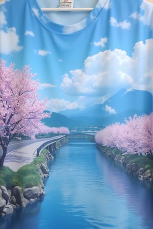 ,T_shirt,Design(outdoors, sky, day, cloud, water, tree, blue sky, no humans, cherry blossoms, scenery, reflection, mountain, road, bridge, river, lake, mount fuji, realistic, digital art, professional style, detailed image, masterpiece quality, attractive image, Details)