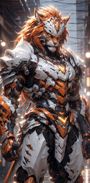 solo, long hair, looking at viewer, 1lion, animal ears, male focus, orange hair, armor, blurry, muscular, feet out of frame, scar, pectorals, muscular male, shoulder white armor, bara, pelvic curtain, furry, clenched hands, large pectorals, rain, furry male, tiger ears, lion boy, orange fur, mechanical arms, (3 swords),TR mecha style,score_9, score_8_up, score_7_up, score_6_up