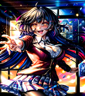 masterpiece, best quality, highres, hmjy1, long hair, blunt bangs, red eyes, school uniform, red jacket, blazer, pantyhose, white shirt, black ribbon, pleated skirt, , cowboy shot, blush, indoors, casino, glowing eyes, outstretched arm, evil smile, open mouth,