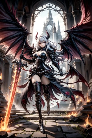 Demon fantasy general,a demon girl with red armour,long hair,tsurime, low wings, head wings, multiple wings,4wings, holding glowing fire red sword, glowing red runes, magic circle, demonic, lighting, glow swirling light, gem, black gemstone, with a dynamic and magical background, masterpiece, best quality, magnificent, celestial demon, ethereal, painterly, epic, majestic, magical, fantasy art, cover art, dreamy, Multi-Layered Textures, HDR, High Dynamic Range, Maximum Clarity And Sharpness, Multi-Layered Textures, 