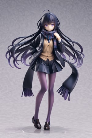 score_9,score_8_up,score_7_up,ClrSkt, 1girl, absurdly long hair, ahoge, black hair, black jacket, black scarf, black skirt, jacket, leaning forward, long hair, long scarf, looking at viewer, open clothes, open jacket, pantyhose, pleated skirt, purple eyes, purple pantyhose, scarf, school uniform, skirt, solo, very long hair, vest,3D,PVC Style