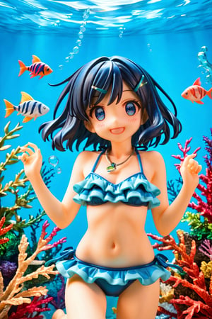 masterpiece, best quality, sky, 1girl,liko_pokemno,short_hair, blue_hair,Hair blush,blue_eyes, Young, Cute,Slim,Collarbone,Necklace,Pendant, Bangs Fastened,Hair Clips (V-Shape, Green),black hair/Blue Strands back (bikini:1.3), hairclip, blue eyes,  clenched fists, nature ,(masterpiece,best quality:1.3),(100+ colorful tropical fish:1.2),(underwater:1.3),floating pose,smile,,(frills bikini,:1.2), (bubble effect:1.3) , ,vivid color,sun shine,(deep detailed eyes:1.3),,Liko_pokemno,more detail XL,Short hair,score_9,score_8_up,score_7_up,3D,PVC Style, full_body,beautiful_female_fingers,perfect hands,detailed hands,beautiful hands