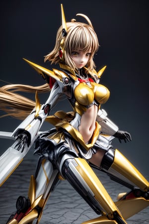 mechskirt(yellow armor),(kung_fu dojo background), full-body_portrait, More Detail,porcelain_art,add detail,mecha,score_9_up,score_8_up,score_7_up,3D,thflex,kung fu, hair ornament,short hair,hibiki tachibana, navel,bodysuit,Golden Warrior Mecha,mecha musume