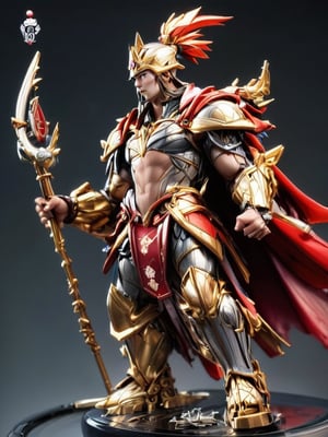 A dramatic close-up shot of a solo, anime-style male figure in full armor, donning a majestic red cape with a flowing plume. He holds a sturdy polearm in one hand and a shield emblazoned with his emblem in the other. His helmet is adorned with a gleaming crest, and his gaze is fixed intently on the viewer. The 3D PVC figure's dynamic pose exudes confidence and strength.,Anime Style.,Th3Dru1d5