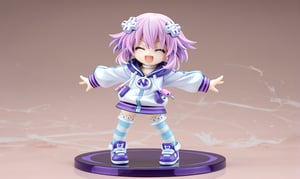 ore_9,score_9,score_8_up,score_7_up,ClrSkt,Neptune \(neptunia)\, purple eyes, purple hair, short hair, sidelocks, d-pad hair ornament, choker, shoes, white choker, hoodie, jacket, striped, striped legwear, thighhighs, (>3<),(>_<),((XD face)), ((>< Closed-Eyes Smile)), ((chibi character)), (chibi), spoken heart, solo, 1girl, action pose, punching,3D,