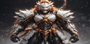 solo, long hair, looking at viewer, 1lion, animal ears, male focus, orange hair, armor, blurry, muscular, feet out of frame, scar, pectorals, muscular male, shoulder white armor, bara, pelvic curtain, furry, clenched hands, large pectorals, rain, furry male, tiger ears, lion boy, white fur, mechanical arms,TR mecha style, (score_9, score_8_up, score_7_up, score_6_up), Dragon,SDXL, 4_arms,shogun style, lion_mane