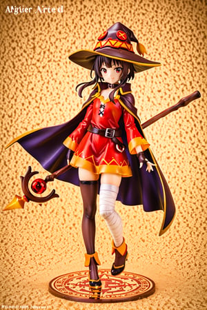 score_9, score_8_up, score_7_up, masterpiece, best quality, high quality, detailed, extremely detailed,
official_art,

1girl, megumin (konosuba), nimugempnxl, short hair, black hair, red eyes, short hair with long locks, beautiful face, kawaii,

thighhighs, gloves, hat, dress, black gloves, belt, black thighhighs, fingerless gloves, cape, collar, witch hat, bandages, red dress, single thighhigh, asymmetrical legwear, bandaged leg,
solo, cowboy shot, fantasy field, 

, ((holding big wood staff)), magic effect, many, magic circle, Thunder, night, from above,

5_fingers, beautiful_female_fingers, score_9_up,3D,PVC Style