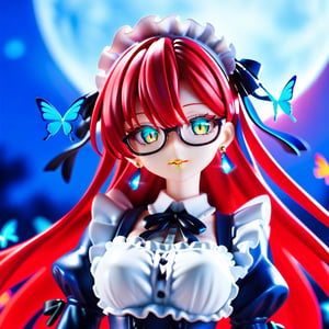 anime, anime style, niji6 style, by nijijourney, 1girl, bug, solo, butterfly, maid, blue butterfly, maid headdress, red hair, jewelry, earrings, glasses, looking at viewer, yellow eyes, slit pupils ,parted lips, long hair, flower, ribbon, apron, black ribbon, glowing, upper body, breasts, blurry, maid apron, red dress, dress, stud earrings, frills, sidelocks, hair between eyes, glowing eyes, blue theme, blue flower, hair ribbon, neck ribbon, bow, night, blurry background, portrait, red eyelashes, hair bow, outdoors, black bow, letterboxed, teeth, hydrangea, medium breasts, large breasts, depth of field, aqua eyes, puffy sleeves, collared dress, glowing butterfly, moon light, colored skin, lips, shaded, light particle, blue theme, night, masterpiece, best quality, highres, 4k, 8k, intricate detail, cinematic lighting, amazing quality, amazing shading, film grain, blurry foreground, vignetting chiaroscuro, chromatic aberration, backlighting, mature female, detailed illustration, anime style, wallpaper, animification, anime coloring, fake screenshot, screencap, anime screencap, score_9_up, score_8_up,score_7_up,3D,PVC Style