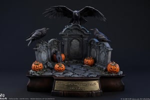  A super-realistic figure, multiple ravens sitting on cracked tombstones surrounded by jack-o'-lanterns. The scene takes place on a polished ebony base with a brass nameplate. The nameplate at the feet reads "Be careful not to wake the dead", made of Resin.,a 3D rendering of a figurine 