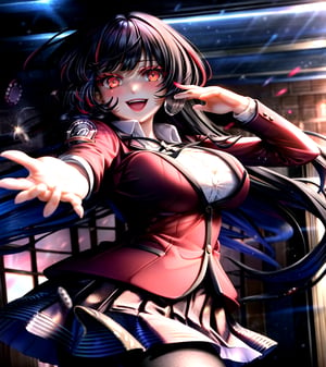 masterpiece, best quality, highres, hmjy1, long hair, blunt bangs, red eyes, school uniform, red jacket, blazer, pantyhose, white shirt, black ribbon, pleated skirt, , cowboy shot, blush, indoors, casino, glowing eyes, outstretched arm, evil smile, open mouth,