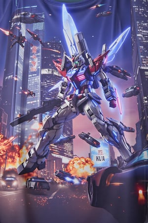 design(A dynamic close-up shot of a gundam warrior in action, his metallic body glistening under neon lights, clashing with enemies on the busy streets of a futuristic city. Exploding vehicles and fire create a chaotic scene. The backdrop features towering skyscrapers with holographic advertisements and flying vehicles whizzing by. The warrior's pose is aggressive, with his glowing energy weapon activated and wings of light emanating from the backpack on his back. The scene is lit with a combination of artificial and natural lighting, creating dramatic shadows.,a 3D rendering of a figurine ,T-shirt)