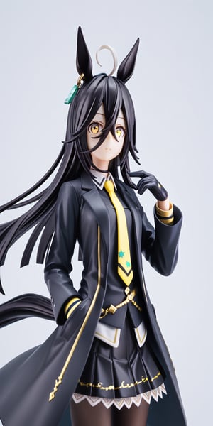 betabeet, ciloranko, rurudo, solo, dark vibe, best quality, 1girl, horse girl, horseears, solo,very long black hair, long bangs,gloves, illustration, gorgerous, delicated eyes, best quality, masterpeice, delicate face, detailed yellow eyes, source_anime,  jima, look at viewer, skirt, shirt, black hair, gloves, long sleeves, white background, animal ears, hair between eyes, jewelry, closed mouth, jacket, tail, yellow eyes, ahoge, pantyhose, earrings, necktie, black gloves, black skirt, coat, black pantyhose,  horse ears, horse girl, horse tail, single earring, black coat, yellow necktie, manhattan cafe \(umamusume\),MANHATTAN CAFE (UMAMUSUME),score_9,PVC Style,score_8_up,score_7_up,3D